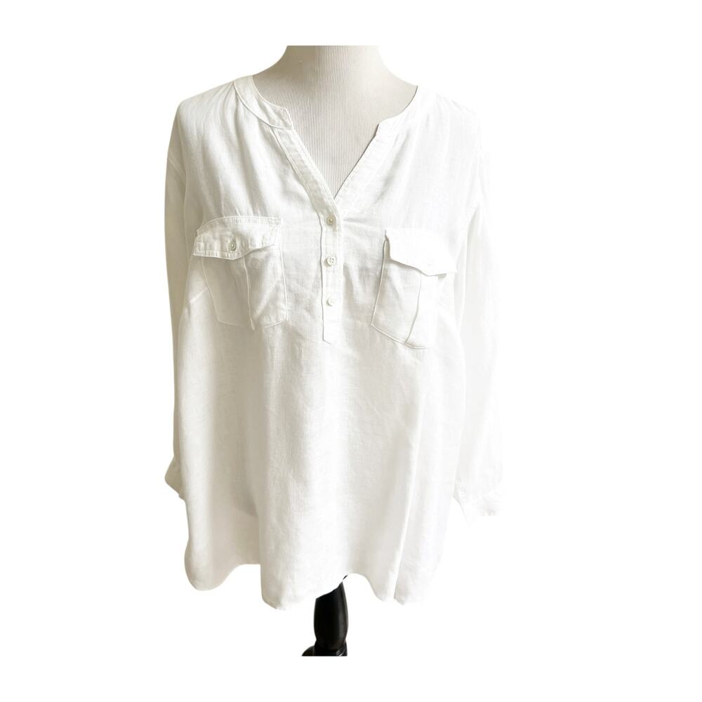 Talbots Blouse Womens 3Xp White Linen Flap Pocket Button Front Neutral Breezy